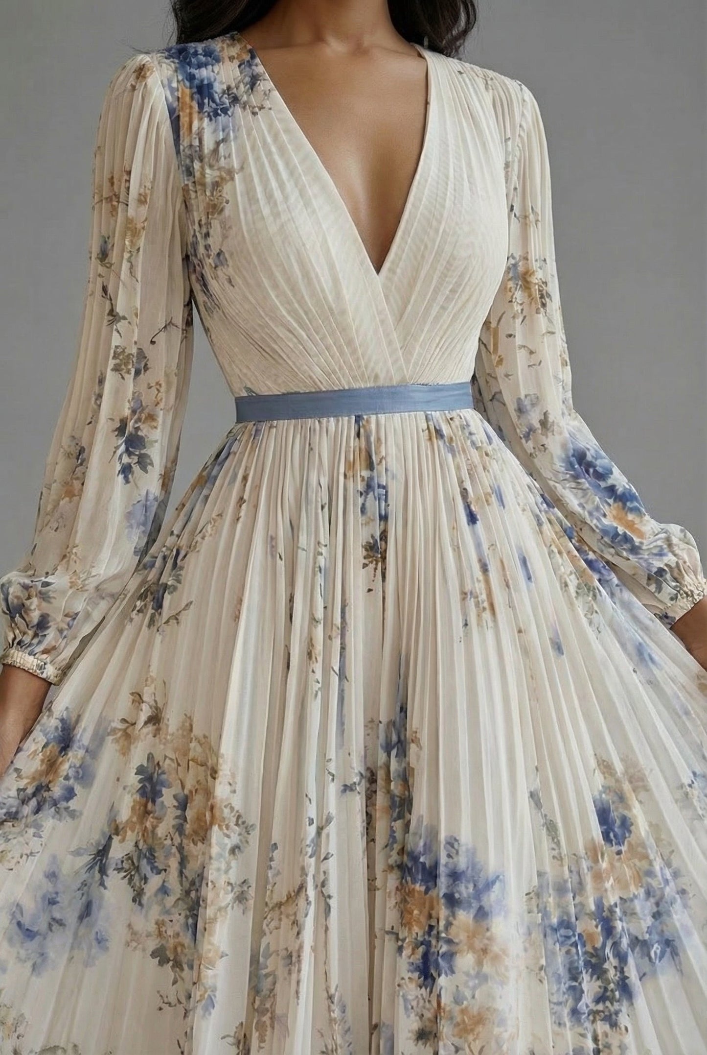 Elegant Floral Maxi Dress for Women with V Neck Long Sleeve Full Skirt Formal Wedding Guest Style