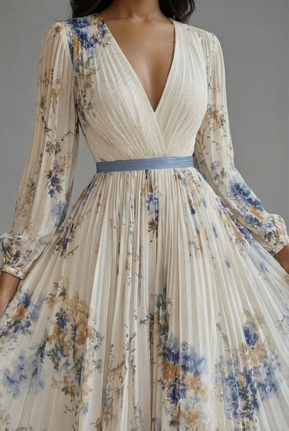 Elegant Floral Maxi Dress for Women with V Neck Long Sleeve Full Skirt Formal Wedding Guest Style