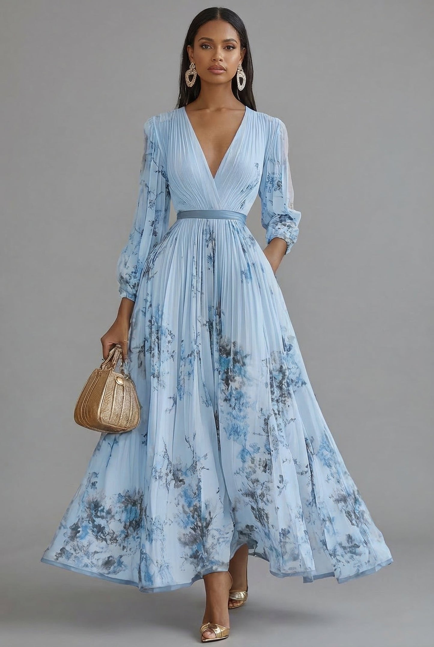 Elegant Floral Maxi Dress for Women with V Neck Long Sleeve Full Skirt Formal Wedding Guest Style