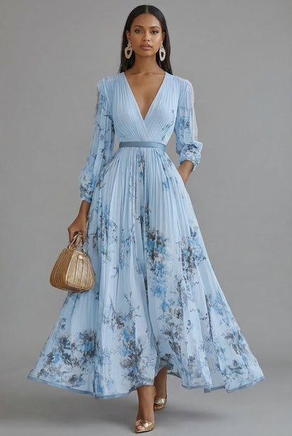 Elegant Floral Maxi Dress for Women with V Neck Long Sleeve Full Skirt Formal Wedding Guest Style