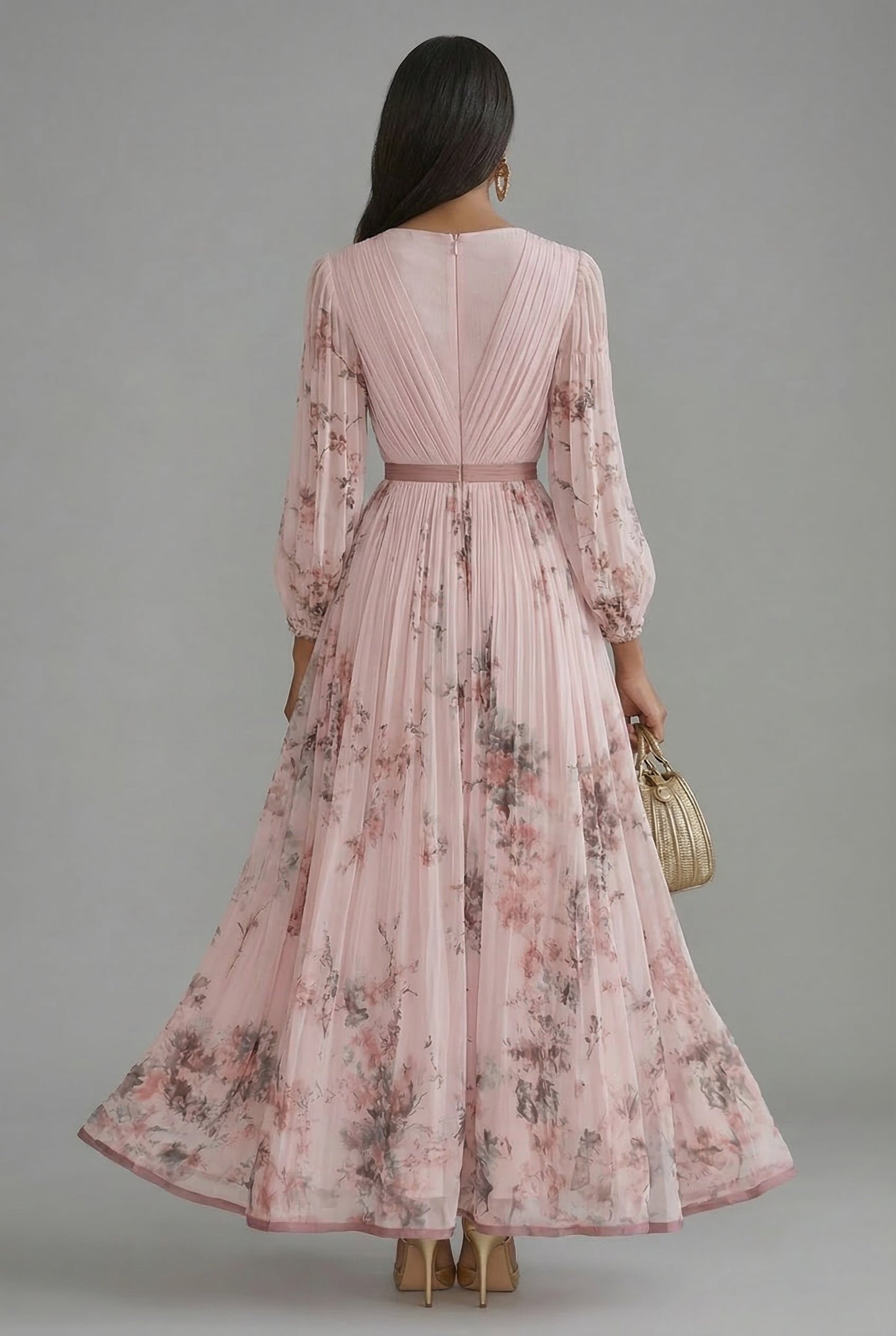 Elegant Floral Maxi Dress for Women with V Neck Long Sleeve Full Skirt Formal Wedding Guest Style