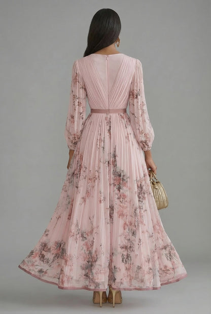 Elegant Floral Maxi Dress for Women with V Neck Long Sleeve Full Skirt Formal Wedding Guest Style