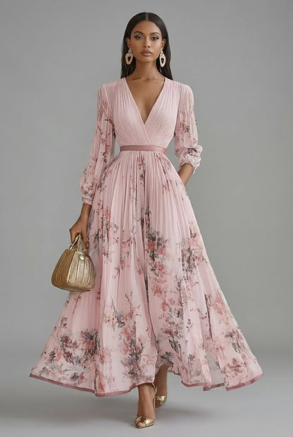 Elegant Floral Maxi Dress for Women with V Neck Long Sleeve Full Skirt Formal Wedding Guest Style
