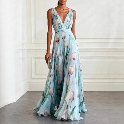 Elegant Floral Maxi Dress for Women with Plunge Neck Flowy Chiffon Formal Wedding Guest Style