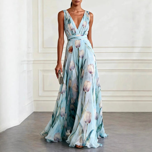 Elegant Floral Maxi Dress for Women with Plunge Neck Flowy Chiffon Formal Wedding Guest Style