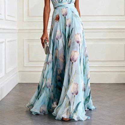Elegant Floral Maxi Dress for Women with Plunge Neck Flowy Chiffon Formal Wedding Guest Style