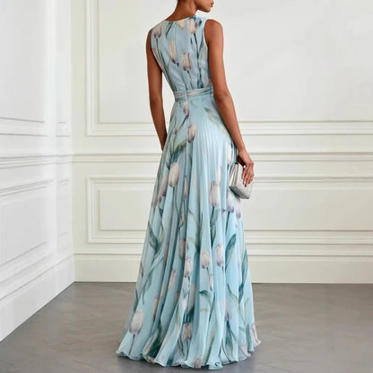 Elegant Floral Maxi Dress for Women with Plunge Neck Flowy Chiffon Formal Wedding Guest Style