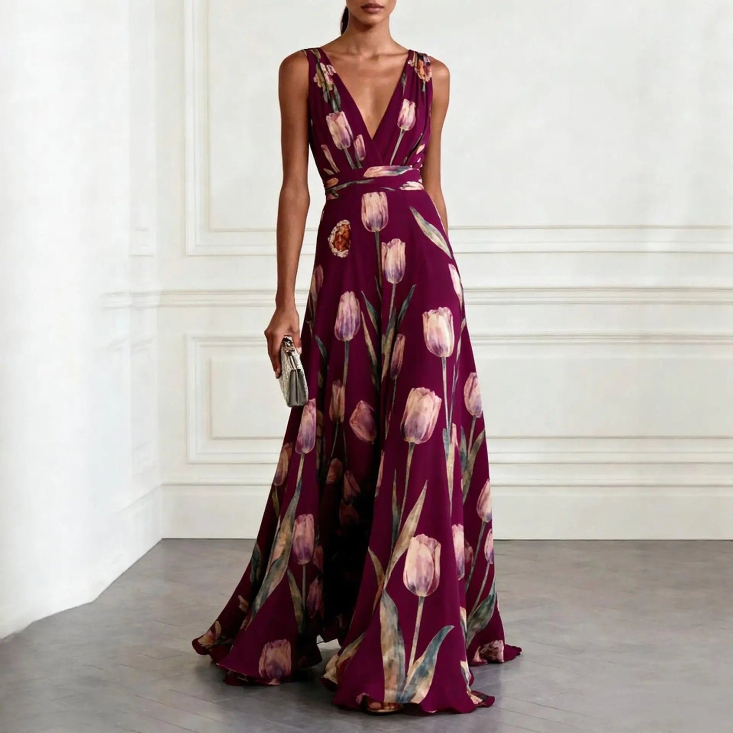 Elegant Floral Maxi Dress for Women with Plunge Neck Flowy Chiffon Formal Wedding Guest Style