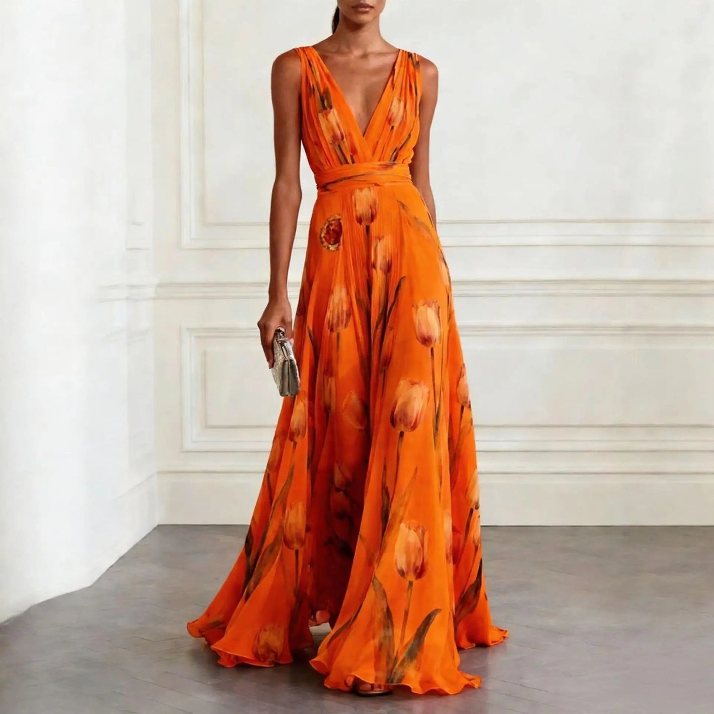 Elegant Floral Maxi Dress for Women with Plunge Neck Flowy Chiffon Formal Wedding Guest Style