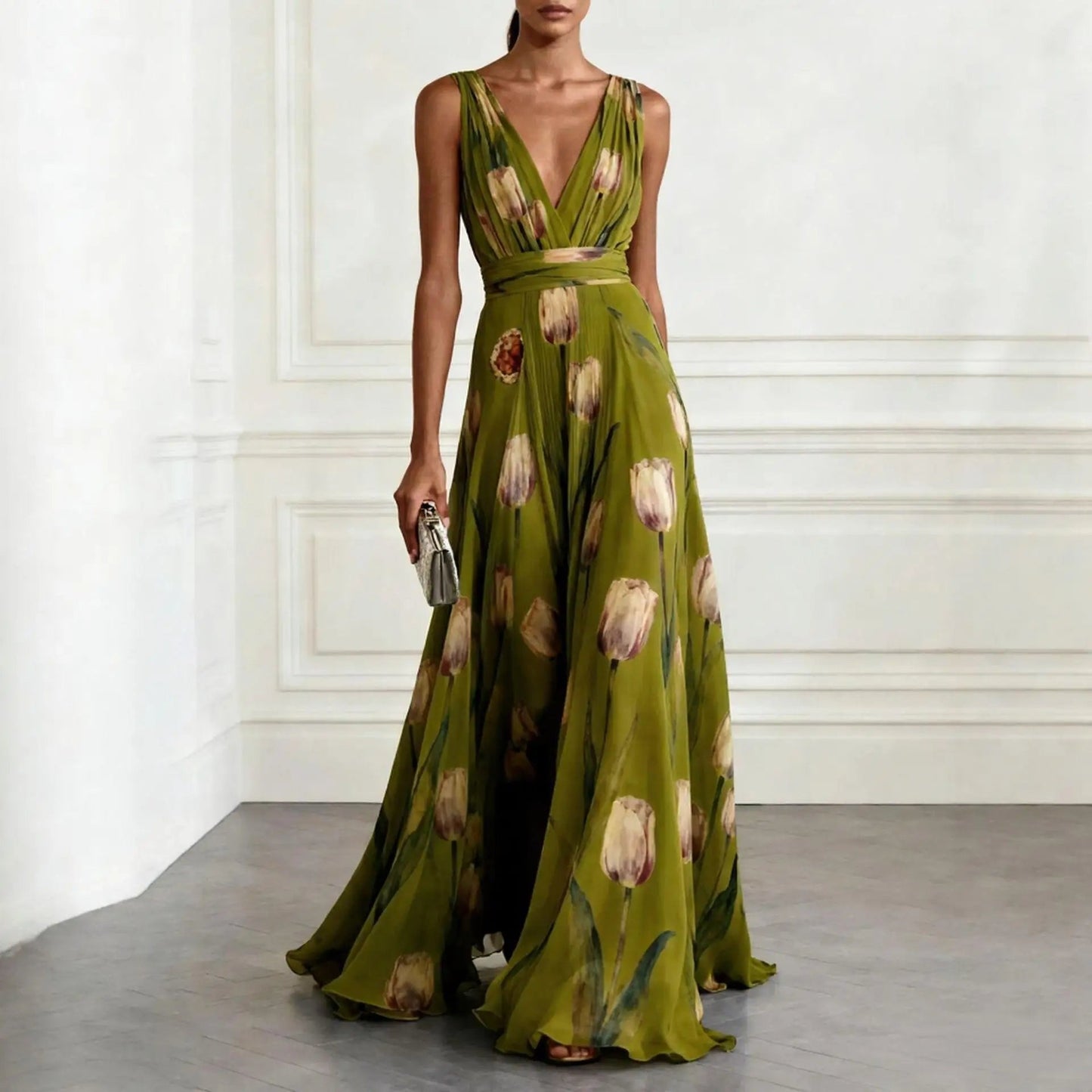Elegant Floral Maxi Dress for Women with Plunge Neck Flowy Chiffon Formal Wedding Guest Style