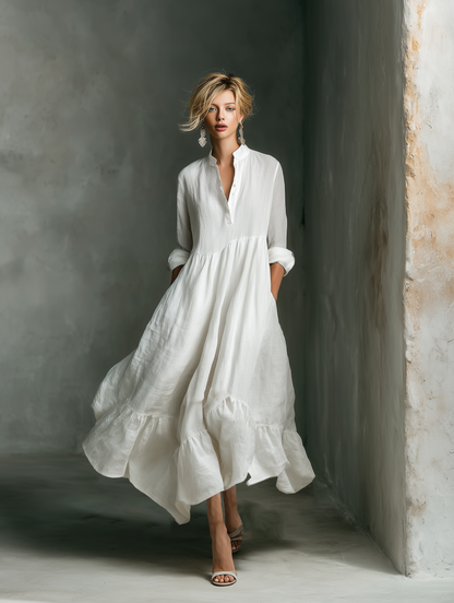 Effortless White Maxi Dress for Women with Stand Collar Button Placket Long Sleeve Tiered Linen Casual Style