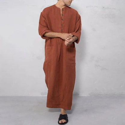 Effortless Linen Kaftan for Women with Stand Collar Three Quarter Sleeve Button Front Relaxed Style
