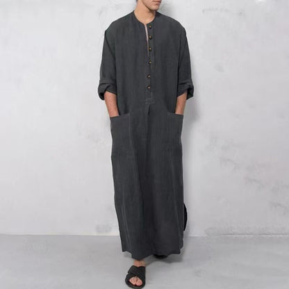 Effortless Linen Kaftan for Women with Stand Collar Three Quarter Sleeve Button Front Relaxed Style