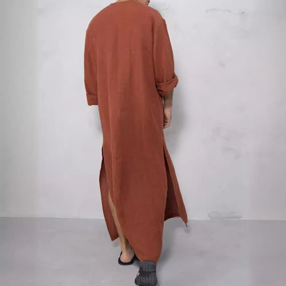 Effortless Linen Kaftan for Women with Stand Collar Three Quarter Sleeve Button Front Relaxed Style