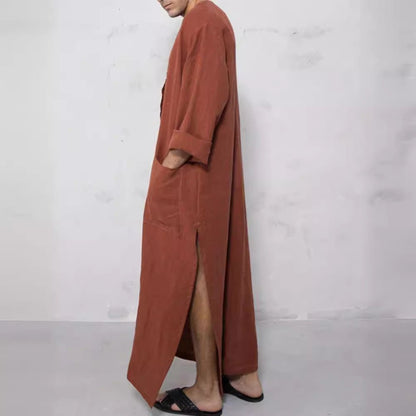 Effortless Linen Kaftan for Women with Stand Collar Three Quarter Sleeve Button Front Relaxed Style