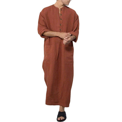 Effortless Linen Kaftan for Women with Stand Collar Three Quarter Sleeve Button Front Relaxed Style