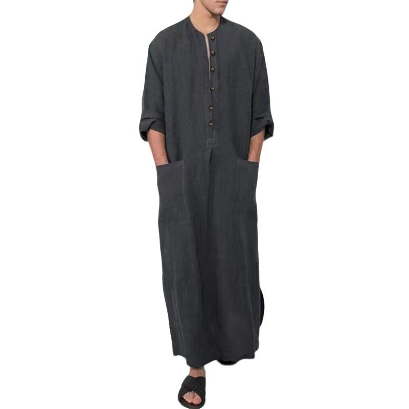 Effortless Linen Kaftan for Women with Stand Collar Three Quarter Sleeve Button Front Relaxed Style