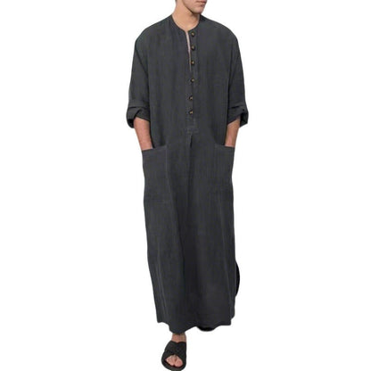 Effortless Linen Kaftan for Women with Stand Collar Three Quarter Sleeve Button Front Relaxed Style