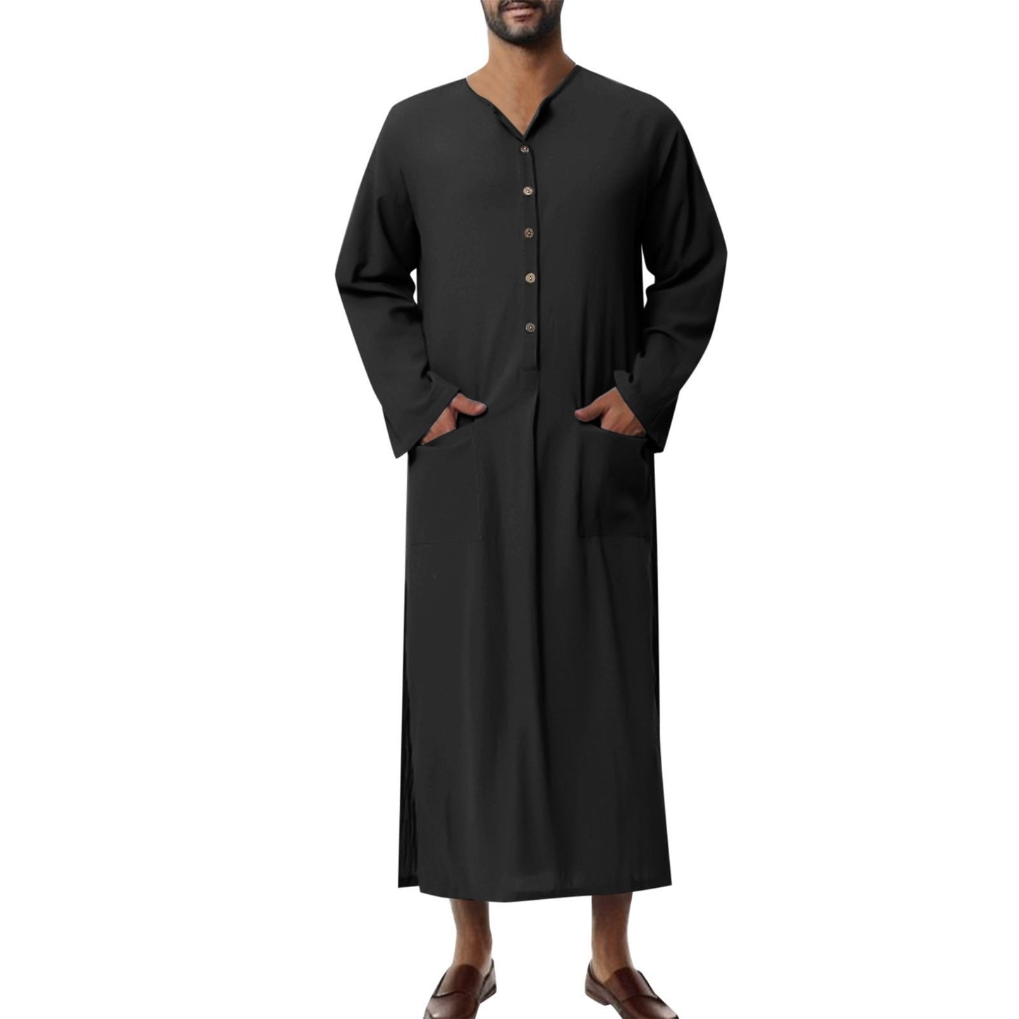 Effortless Linen Kaftan for Women with Stand Collar Three Quarter Sleeve Button Front Relaxed Style