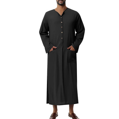 Effortless Linen Kaftan for Women with Stand Collar Three Quarter Sleeve Button Front Relaxed Style