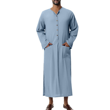 Effortless Linen Kaftan for Women with Stand Collar Three Quarter Sleeve Button Front Relaxed Style