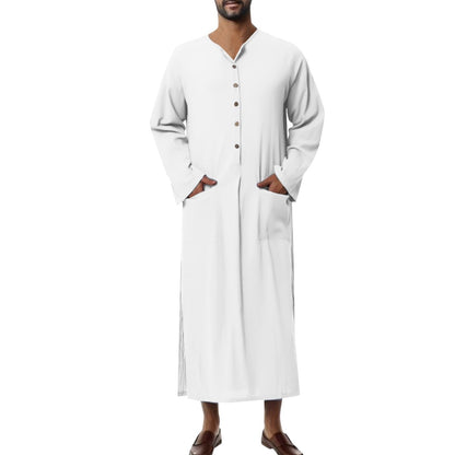 Effortless Linen Kaftan for Women with Stand Collar Three Quarter Sleeve Button Front Relaxed Style