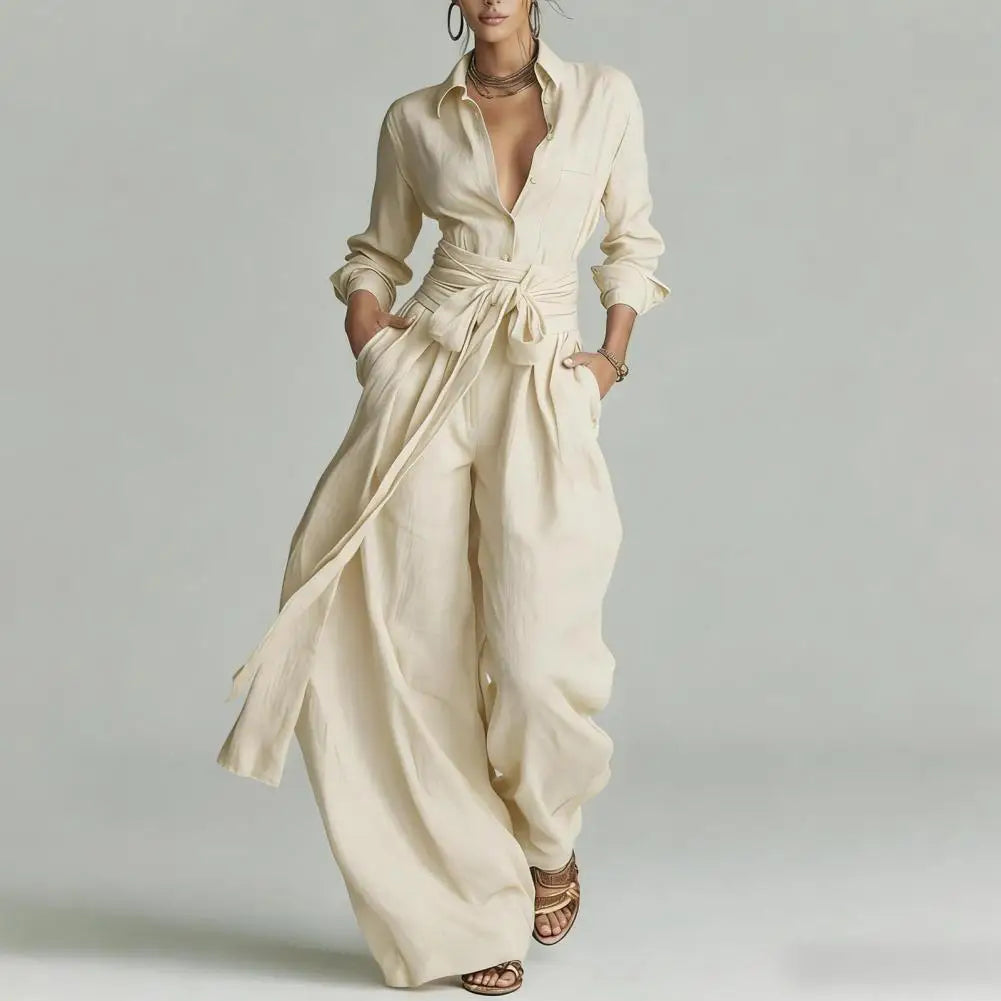 Effortless Linen Jumpsuit for Women with Collar Long Sleeve Wrap Tie Wide Leg Style