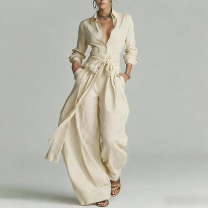 Effortless Linen Jumpsuit for Women with Collar Long Sleeve Wrap Tie Wide Leg Style
