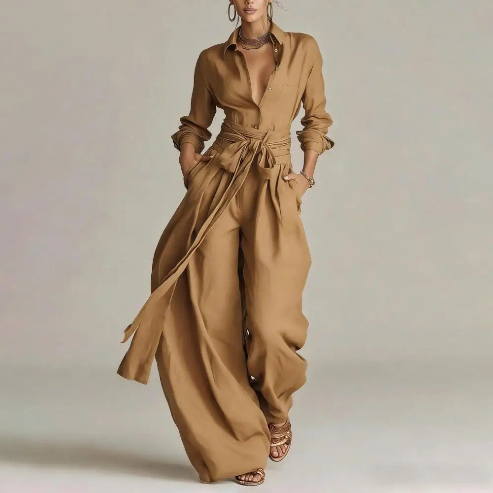 Effortless Linen Jumpsuit for Women with Collar Long Sleeve Wrap Tie Wide Leg Style