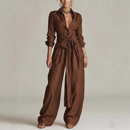 Effortless Linen Jumpsuit for Women with Collar Long Sleeve Wrap Tie Wide Leg Style