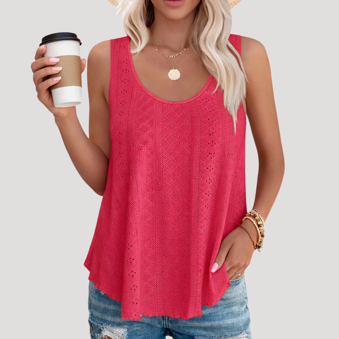 Effortless Eyelet Tank Top for Women with Scoop Neck Sleeveless Relaxed Boho Style