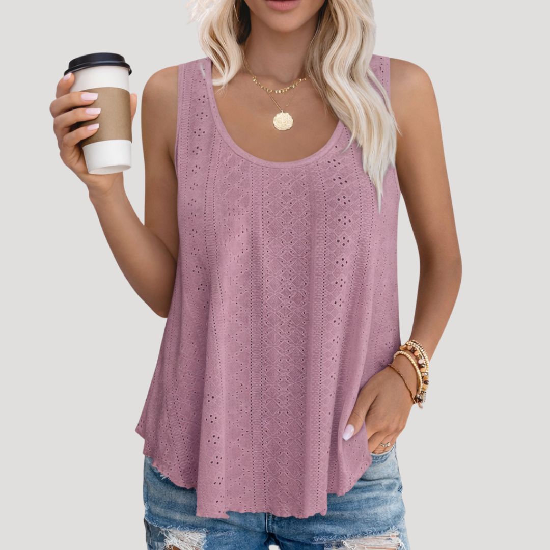 Effortless Eyelet Tank Top for Women with Scoop Neck Sleeveless Relaxed Boho Style