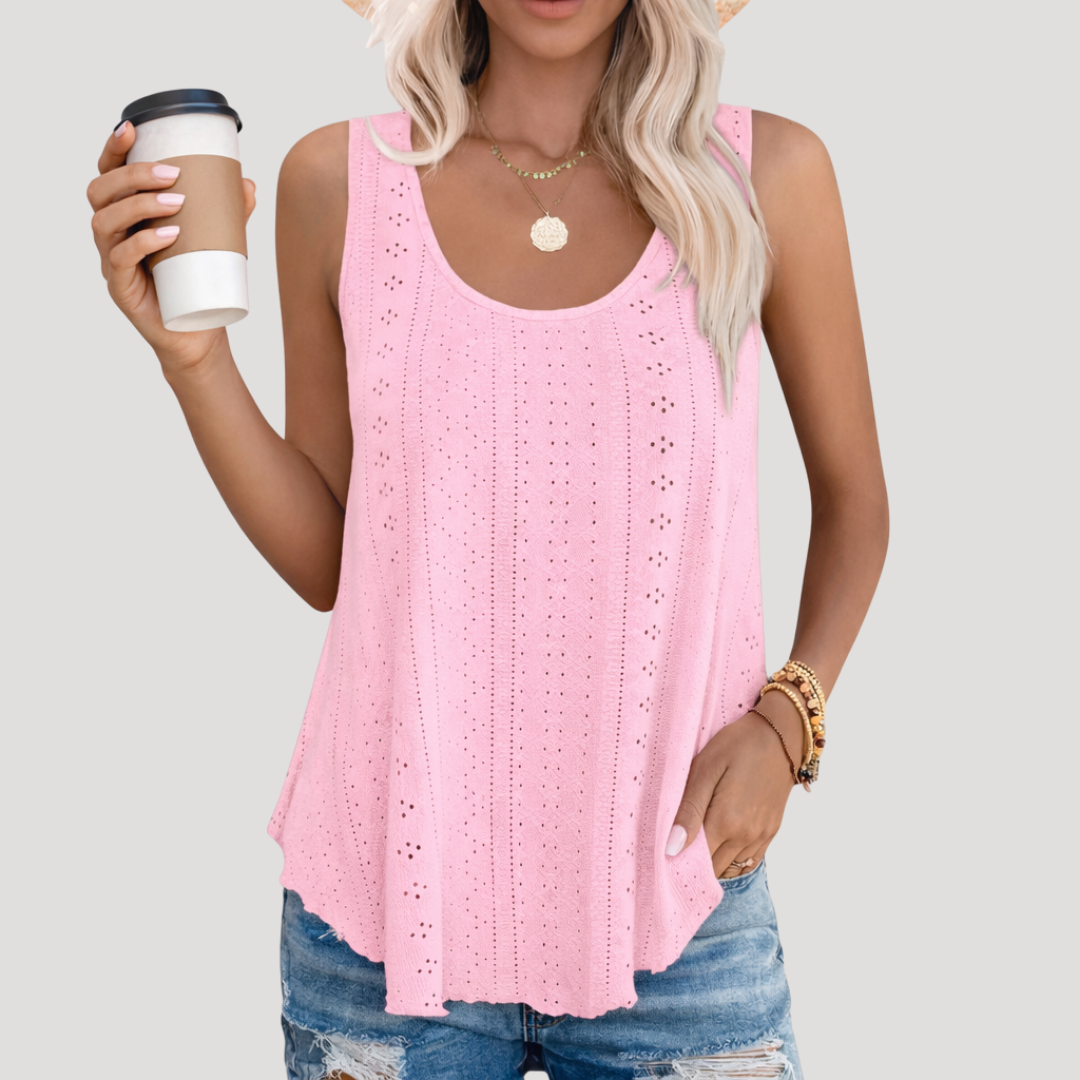 Effortless Eyelet Tank Top for Women with Scoop Neck Sleeveless Relaxed Boho Style