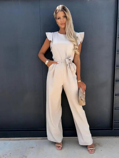 Elegant Wide Leg Jumpsuit for Women with Round Neck Ruffle Sleeve Belted Waist Formal Style