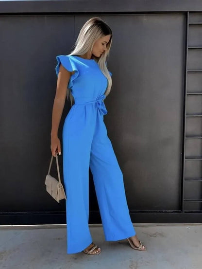 Elegant Wide Leg Jumpsuit for Women with Round Neck Ruffle Sleeve Belted Waist Formal Style
