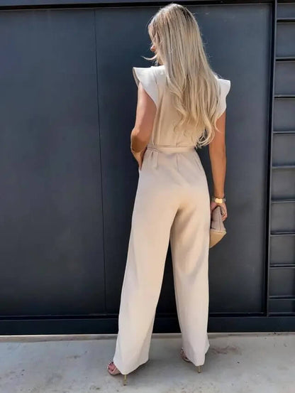 Elegant Wide Leg Jumpsuit for Women with Round Neck Ruffle Sleeve Belted Waist Formal Style