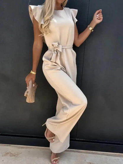 Elegant Wide Leg Jumpsuit for Women with Round Neck Ruffle Sleeve Belted Waist Formal Style
