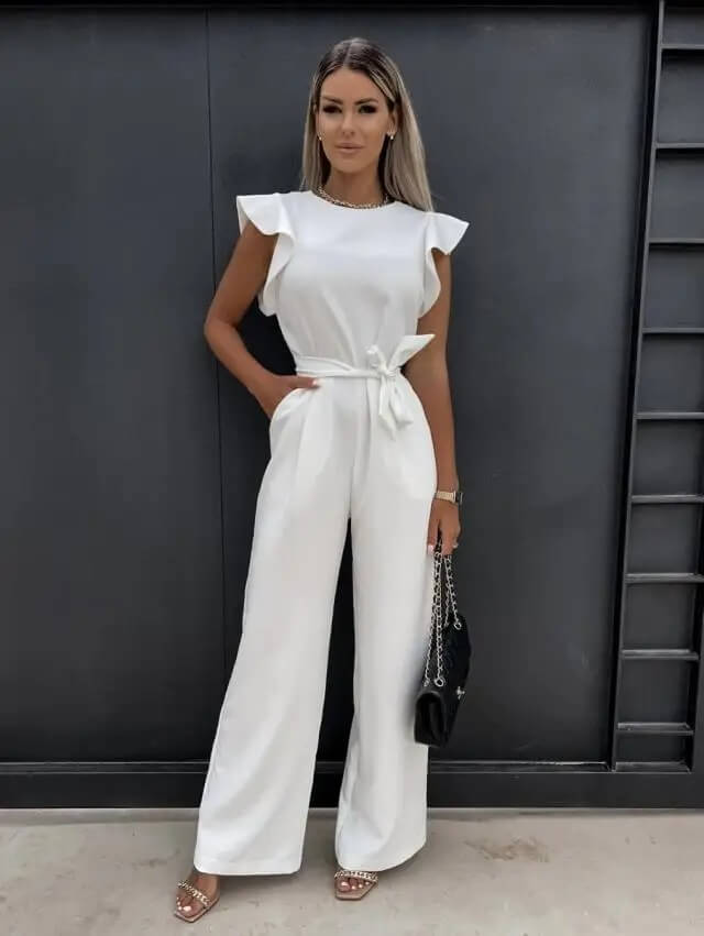 Elegant Wide Leg Jumpsuit for Women with Round Neck Ruffle Sleeve Belted Waist Formal Style