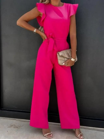 Elegant Wide Leg Jumpsuit for Women with Round Neck Ruffle Sleeve Belted Waist Formal Style