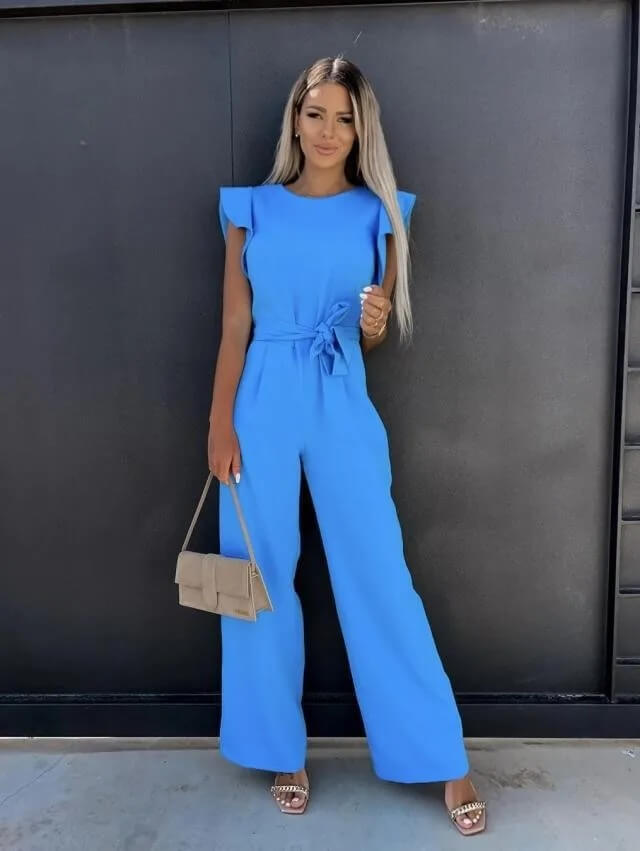 Elegant Wide Leg Jumpsuit for Women with Round Neck Ruffle Sleeve Belted Waist Formal Style