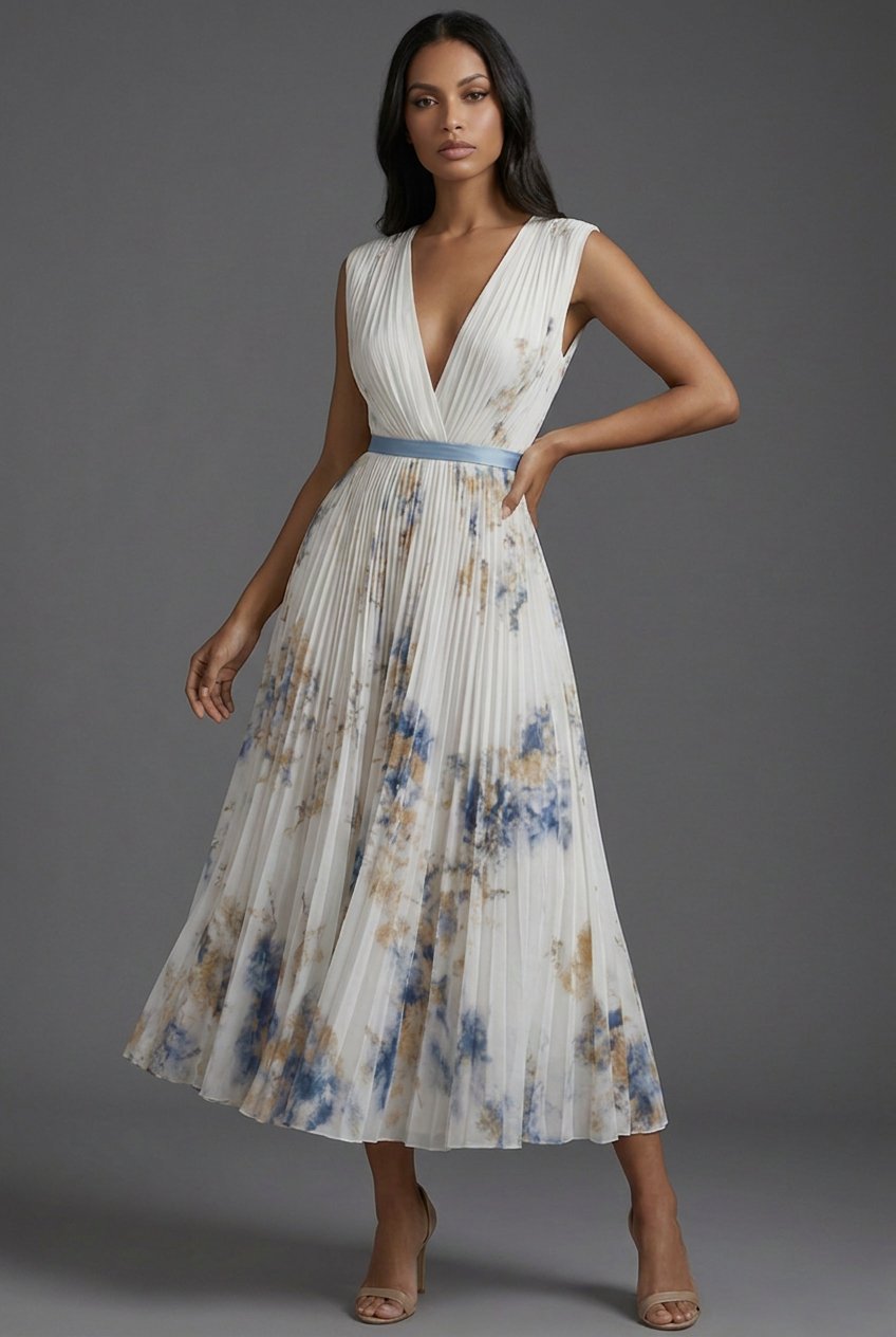 Elegant Floral Pleated Midi Dress for Women with V Neck Sleeveless Flowy Formal Wedding Guest Style