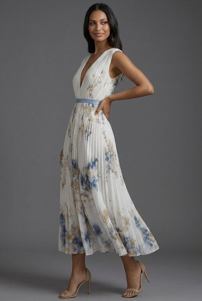 Elegant Floral Pleated Midi Dress for Women with V Neck Sleeveless Flowy Formal Wedding Guest Style