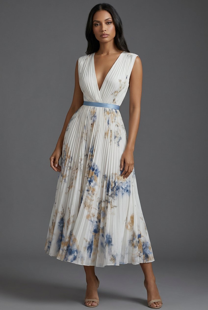 Elegant Floral Pleated Midi Dress for Women with V Neck Sleeveless Flowy Formal Wedding Guest Style