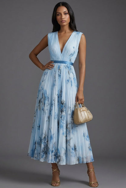 Elegant Floral Pleated Midi Dress for Women with V Neck Sleeveless Flowy Formal Wedding Guest Style