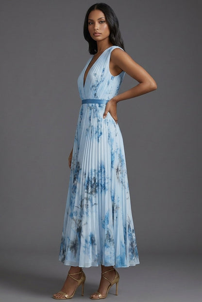 Elegant Floral Pleated Midi Dress for Women with V Neck Sleeveless Flowy Formal Wedding Guest Style