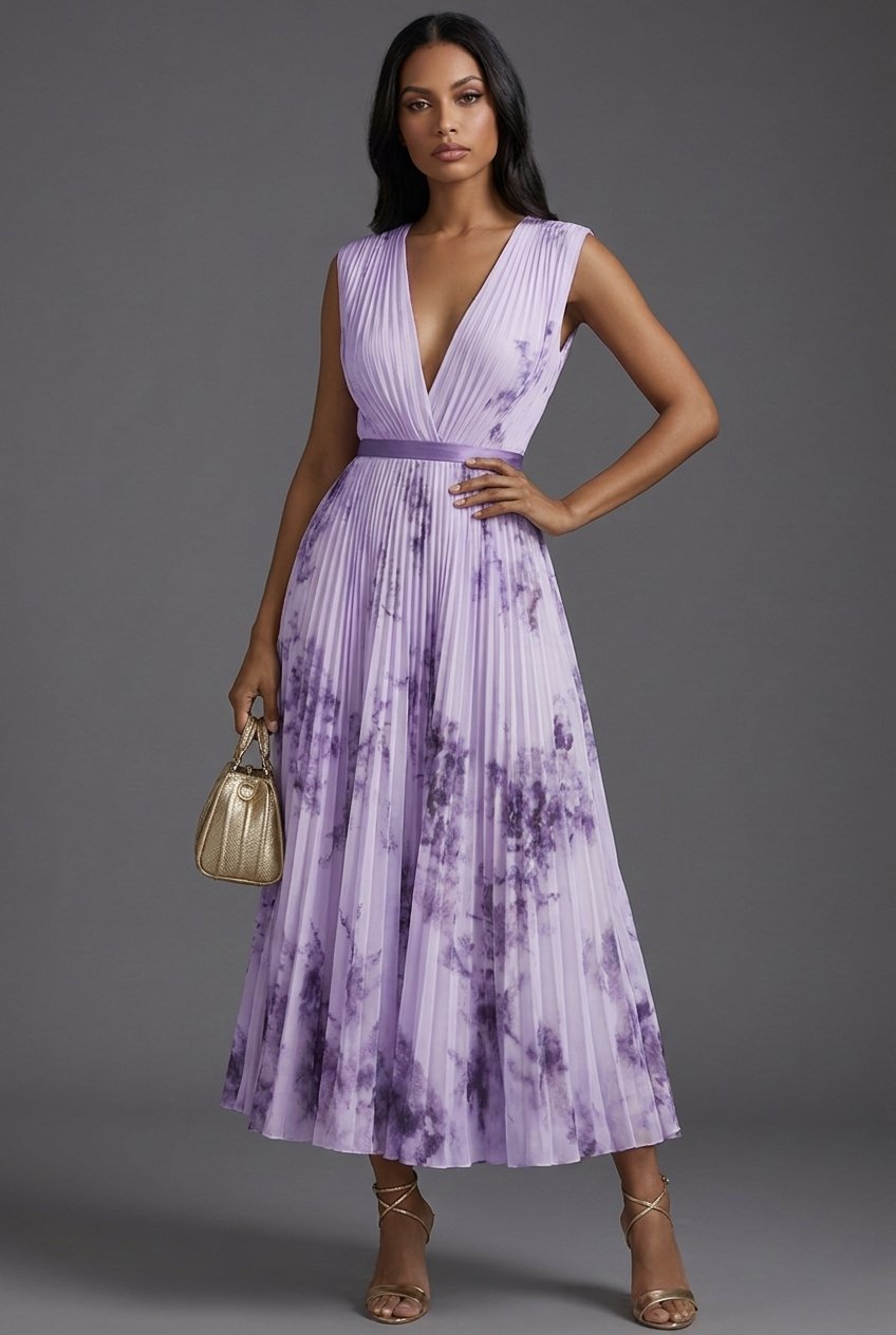 Elegant Floral Pleated Midi Dress for Women with V Neck Sleeveless Flowy Formal Wedding Guest Style