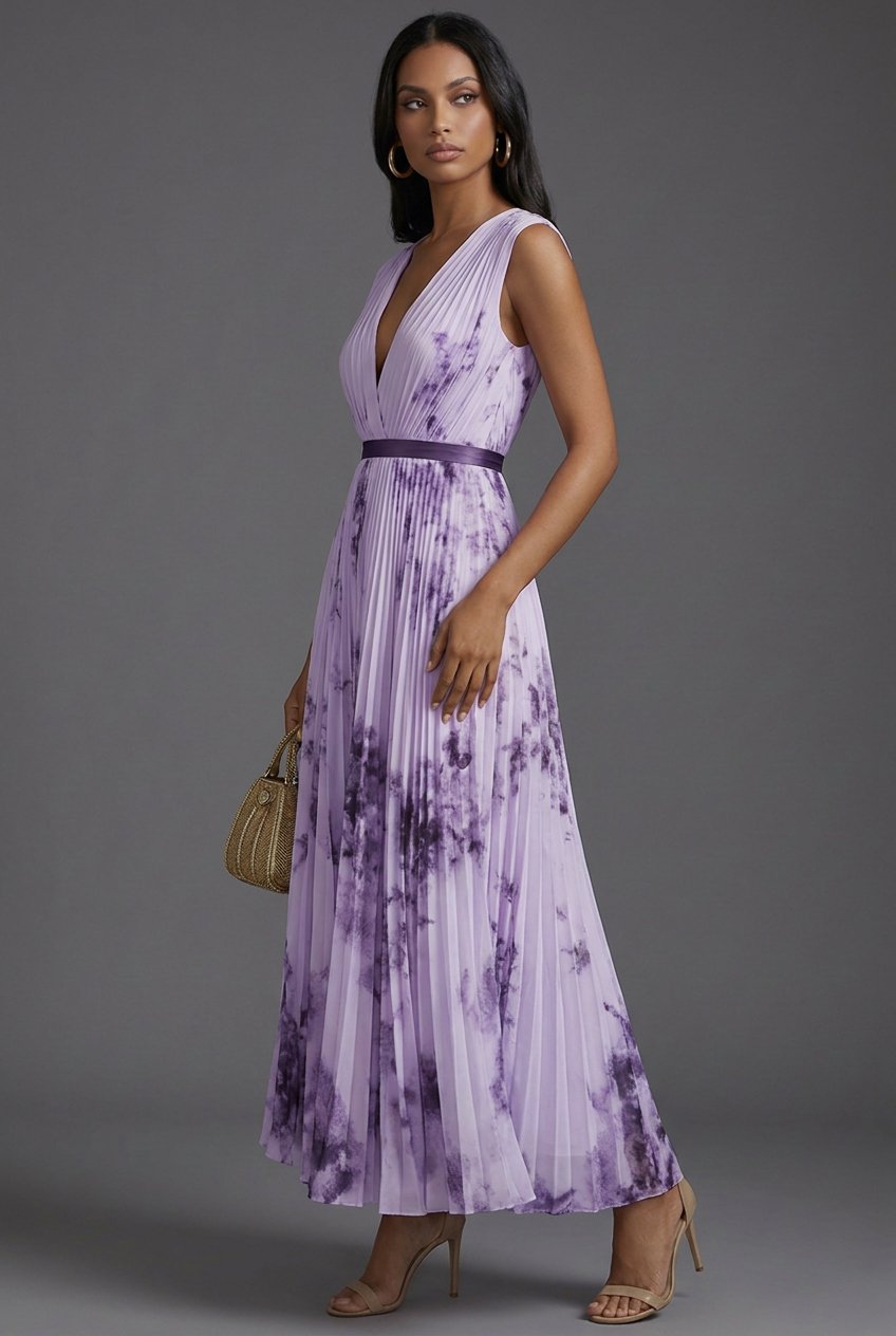 Elegant Floral Pleated Midi Dress for Women with V Neck Sleeveless Flowy Formal Wedding Guest Style