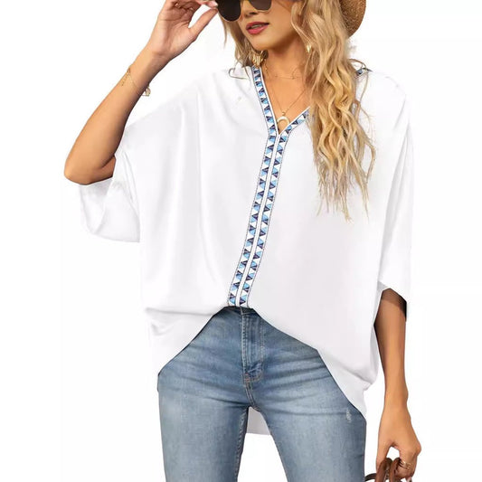 Effortless Embroidered Trim Blouse for Women with V Neck Batwing Sleeve Relaxed Boho Style