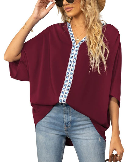 Effortless Embroidered Trim Blouse for Women with V Neck Batwing Sleeve Relaxed Boho Style