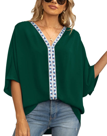 Effortless Embroidered Trim Blouse for Women with V Neck Batwing Sleeve Relaxed Boho Style